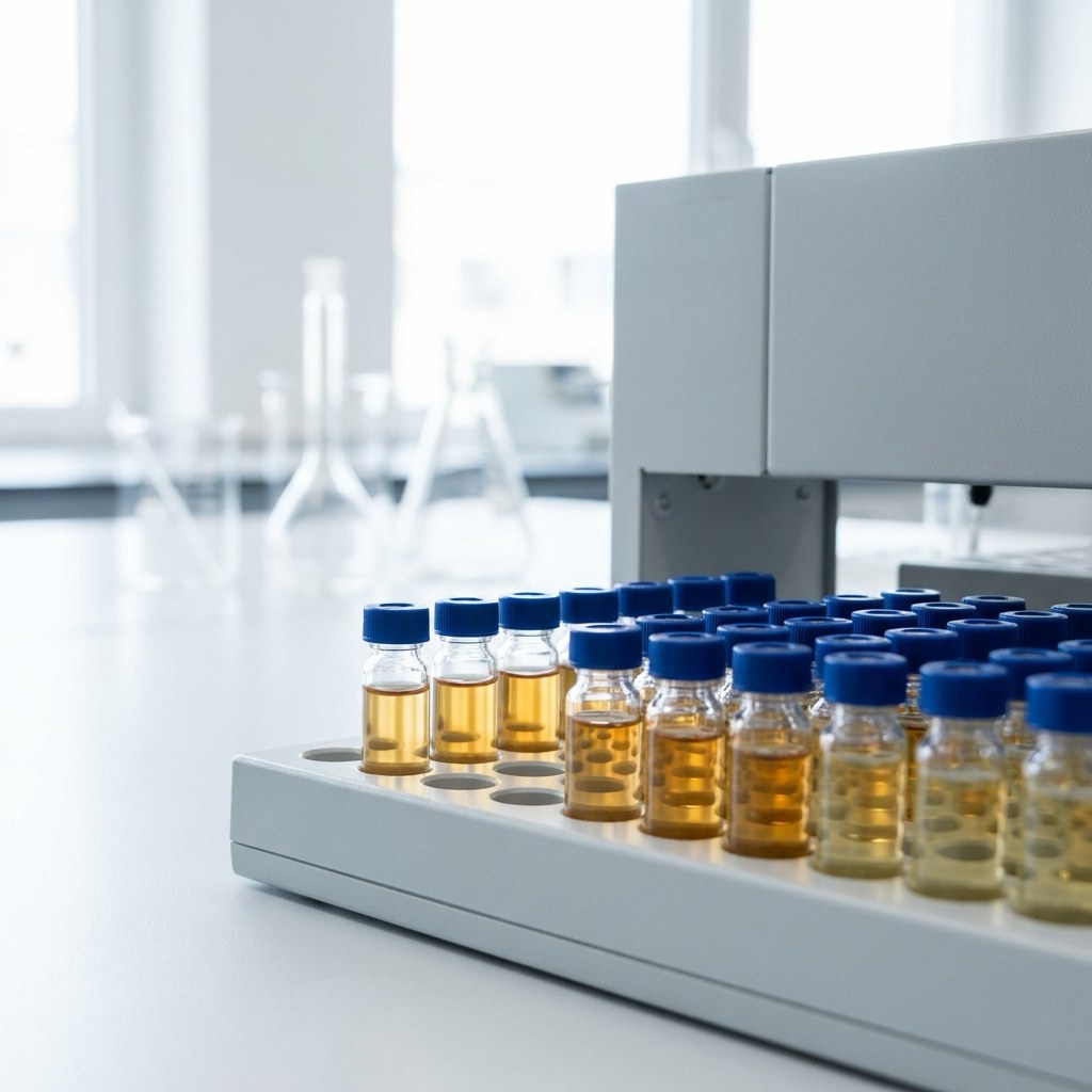 HPLC-Probenfläschchen mit hellgelben bis bernsteinfarbenen Lösungen im Probengeber (KI-generiert)
