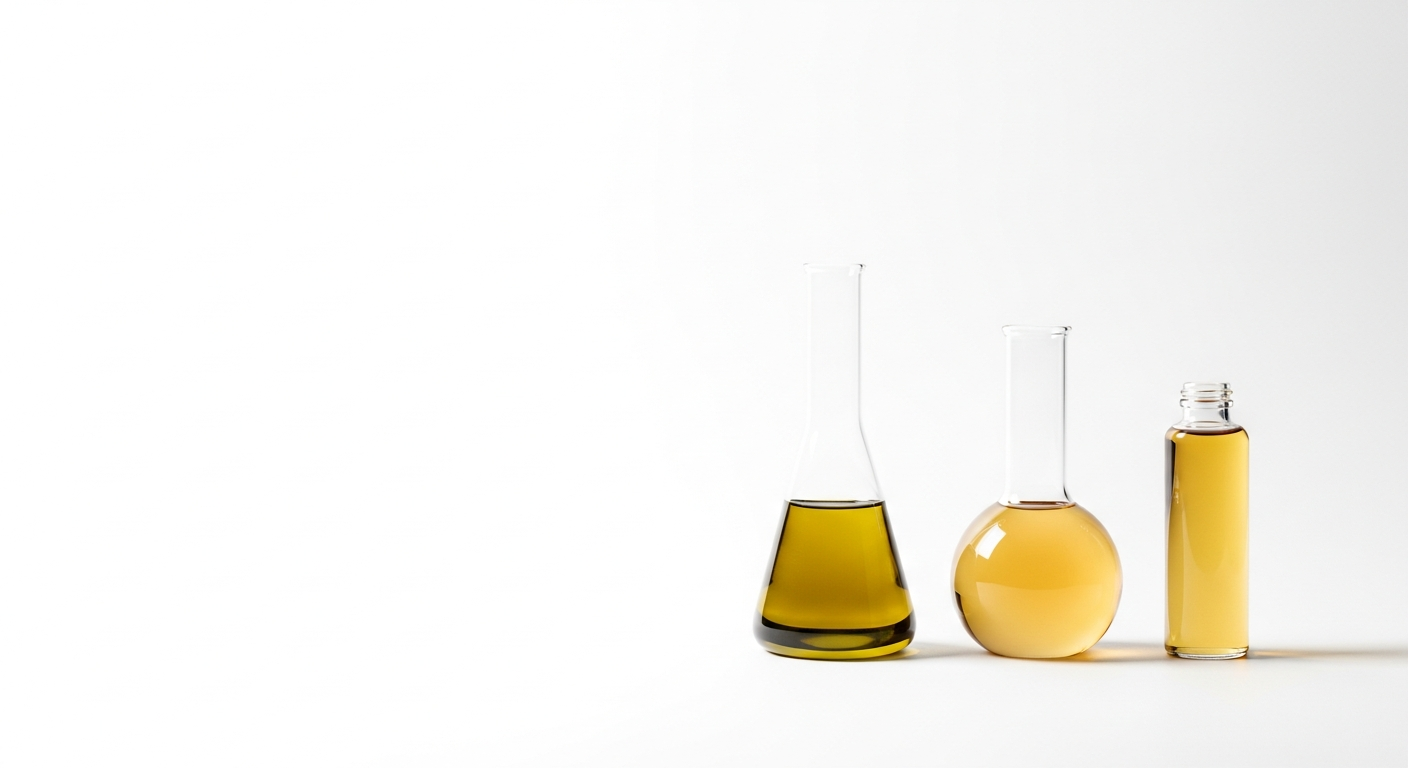 Three borosilicate glass laboratory vessels with clear botanical liquid extracts on a clean white studio background
