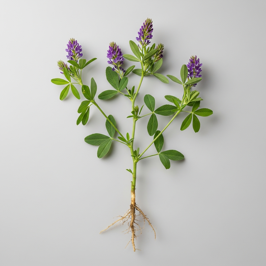 Alfalfa-Pflanze (Medicago sativa) mit dreigeteilten Blaettern und violetten Blueten als Ausgangsmaterial fuer den Pulverextrakt