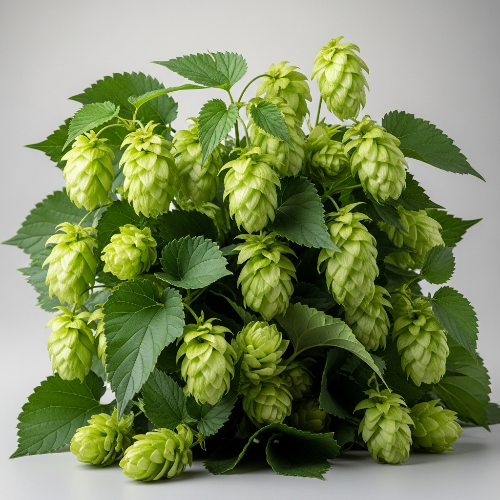 Hopfenpflanze (Humulus Lupulus) mit gruenen Doldenblueten, Ausgangsmaterial fuer den Hopfen Pulverextrakt 10:1