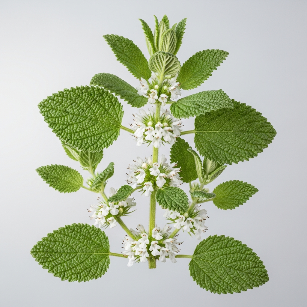 Weißer Andorn (Marrubium vulgare) mit grau-grünen, behaarten Blättern und Blütenständen vor neutralem Studiohintergrund