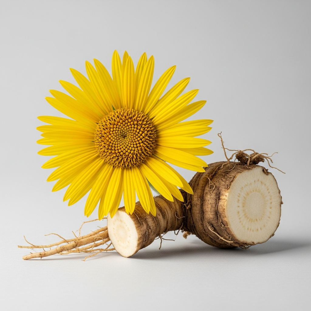 Alantpflanze (Inula helenium) mit gelber Blüte und Wurzel als Ausgangsmaterial für den Alant Extrakt