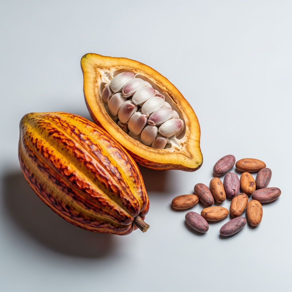 Kakaofrucht und Kakaobohnen der Theobroma Cacao als Ausgangsmaterial für den Pulverextrakt