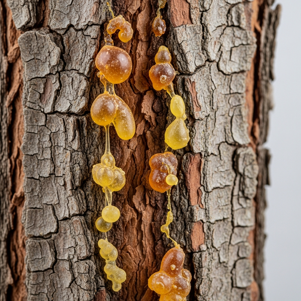 Harz und Rinde des Weihrauchbaums Boswellia Serrata als Ausgangsmaterial fuer den Pulverextrakt