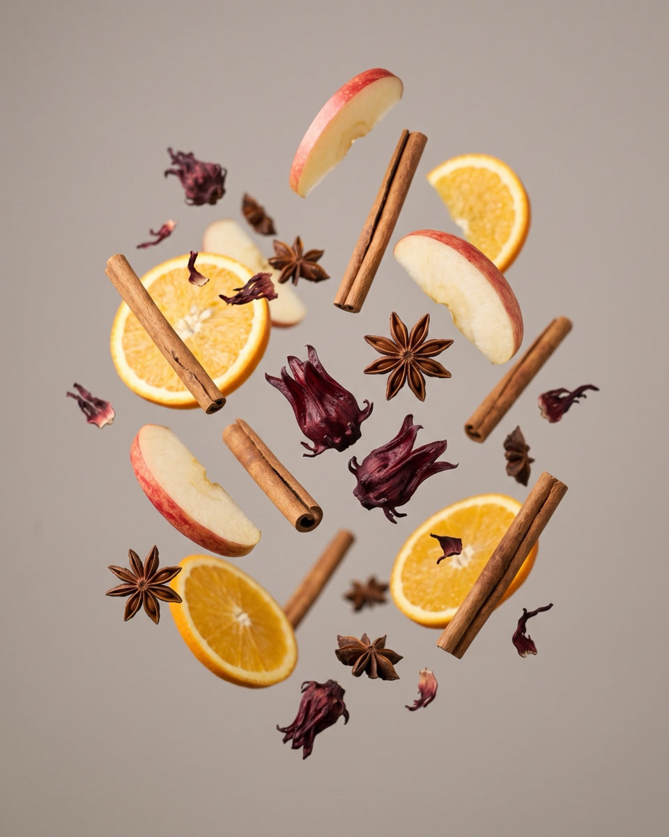 Apfel, Orange, Ceylon-Zimt, Sternanis und Hibiskusblüten