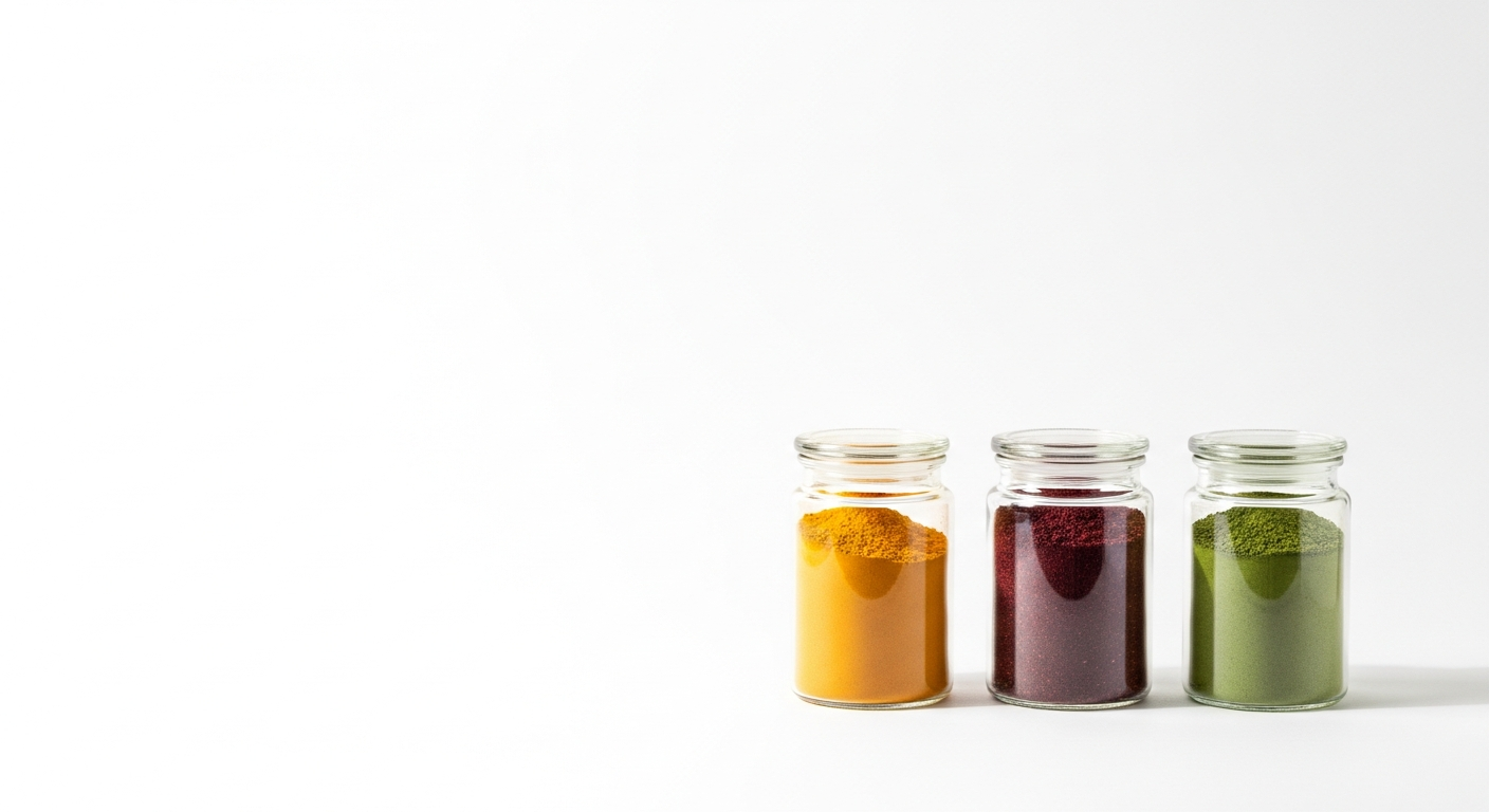 Three glass jars filled with golden, deep-red and green botanical powder extracts on a clean white studio background